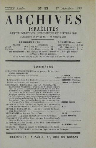 Archives israélites de France. Vol.39 N°23 (01 déc. 1878)